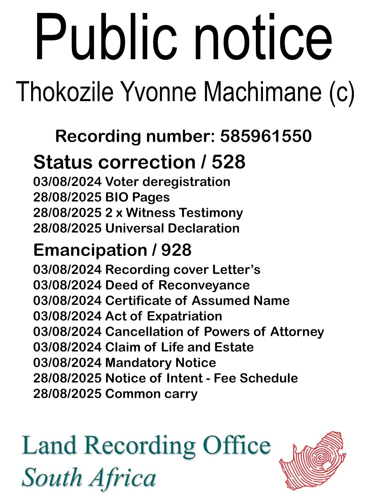Public notice Thokozile Yvonne Machimane Recording number 585961550